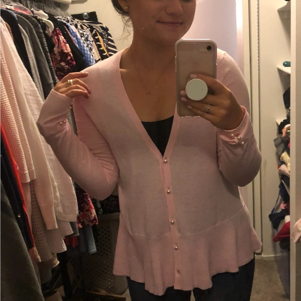 Lilly Pulitzer Pink Cardigan Sweater Lightweight Knit Pearl Details